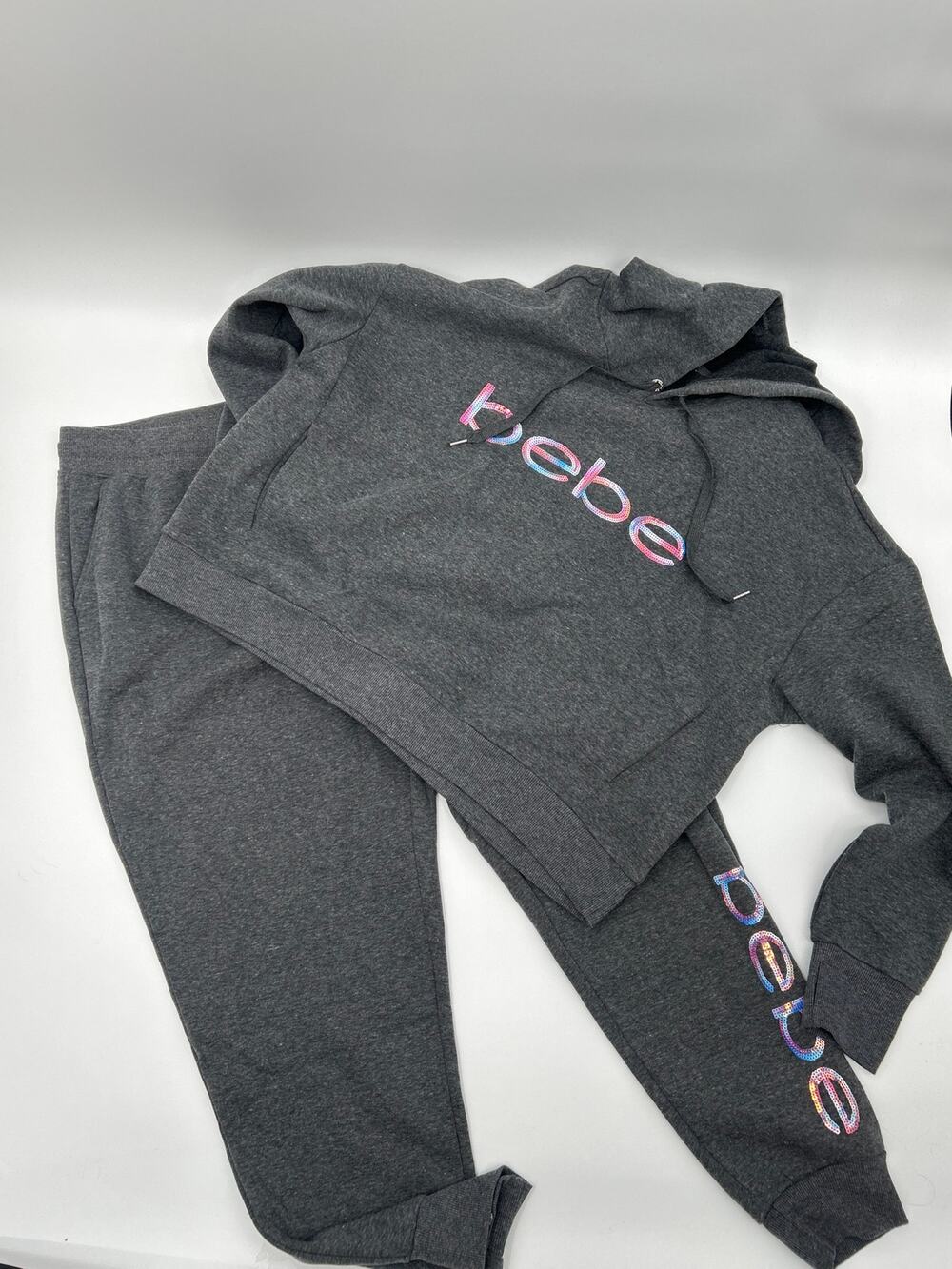 Bebe Sport 2X Bling Gray Hoodie Jogger Sweatpants Set Loungewear athleisure